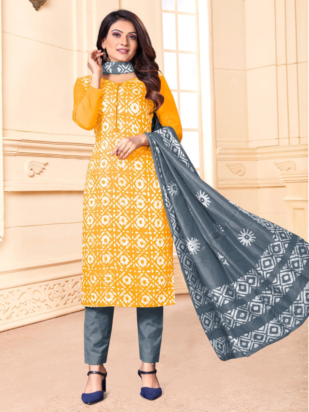 Angroop Printed Unstitched Dress Material, Yellow