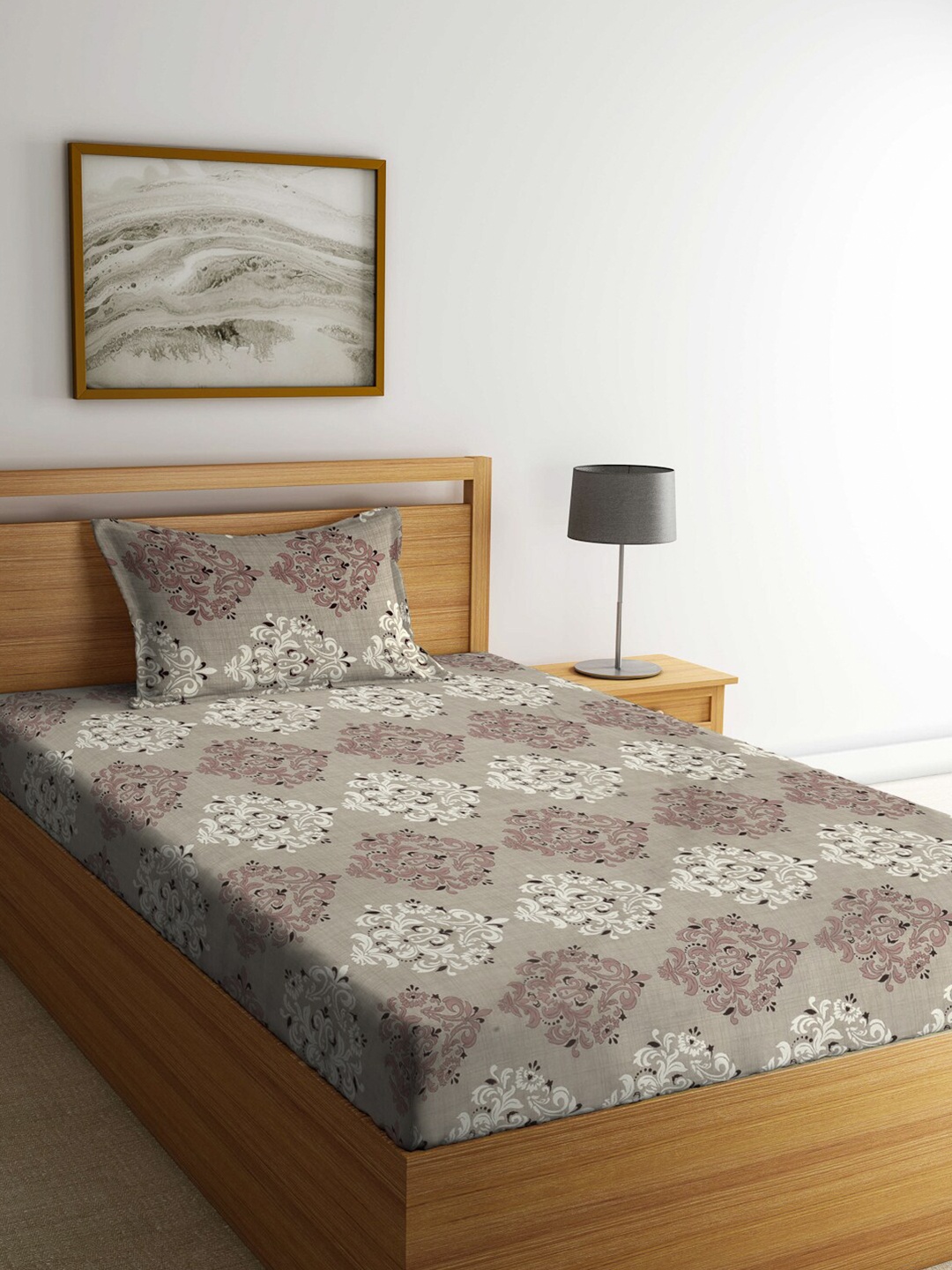 KLOTTHE Brown & White Ethnic Motif Printed 300TC Single Bedsheet With Pillow Cover
