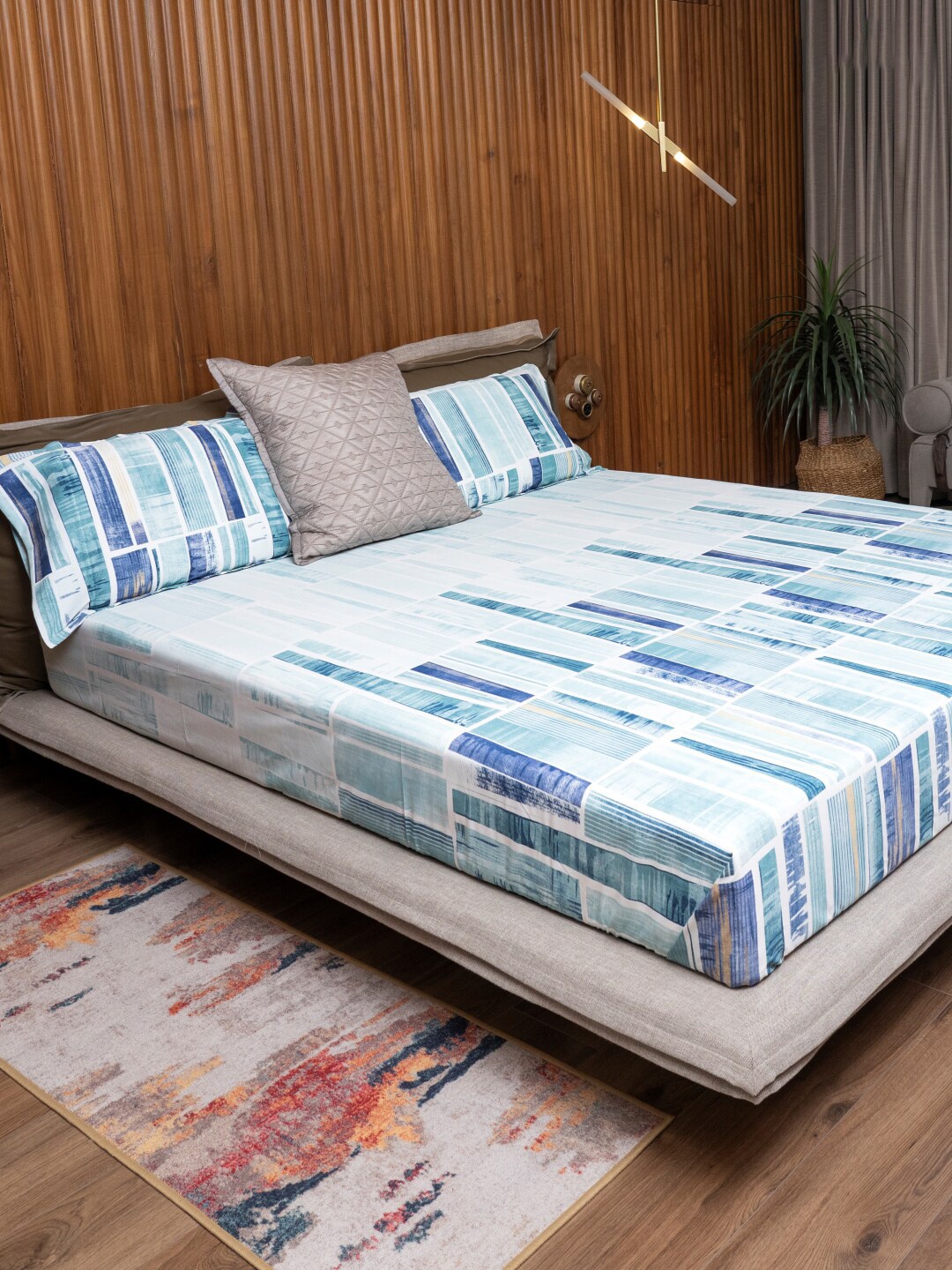 URBAN SPACE Sky Scrapper Geometric 220 TC Cotton Fitted King Bedsheet with 2 Pillow Covers, Blue
URBAN SPACE Sky Scrapper Geometric 220 TC Cotton Fitted King Bedsheet with 2 Pillow Covers, Blue
