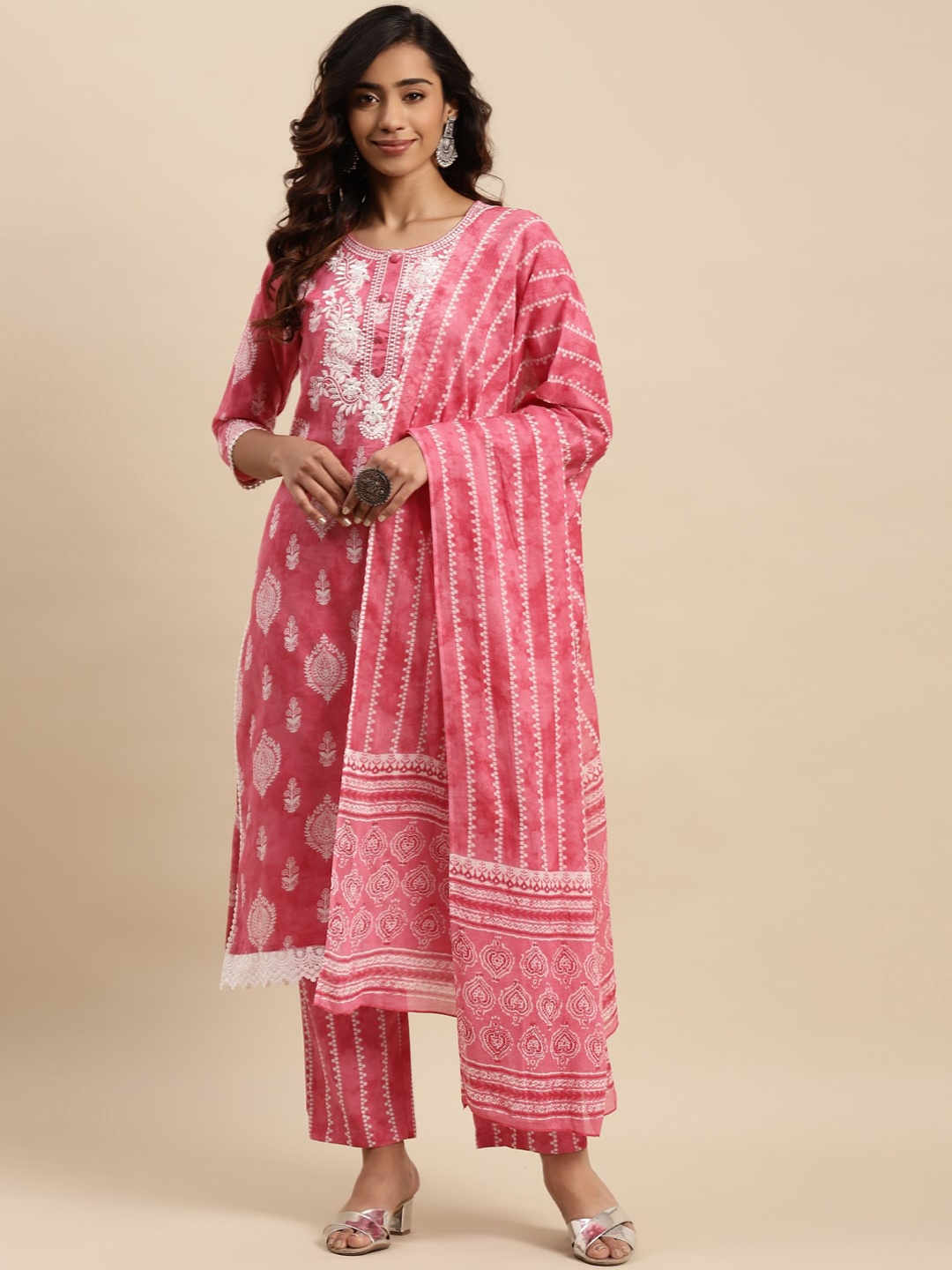 Sangria Ethnic Motifs Printed Thread Work Pure-Cotton A-Line Kurta With Trouser & Dupatta, Coral
Sangria Ethnic Motifs Printed Thread Work Pure-Cotton A-Line Kurta With Trouser & Dupatta, Coral