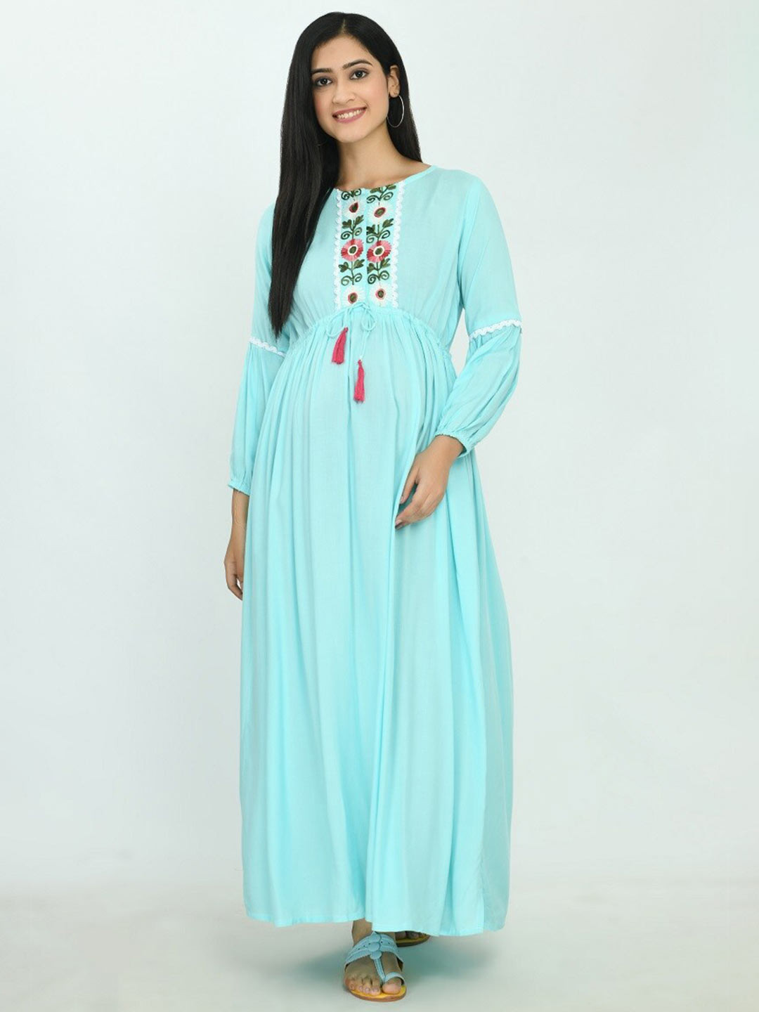 KALINI Floral Embroidered Maternity Fit & Flare Maxi Ethnic Dress, Turquoise blue
KALINI Floral Embroidered Maternity Fit & Flare Maxi Ethnic Dress, Turquoise blue