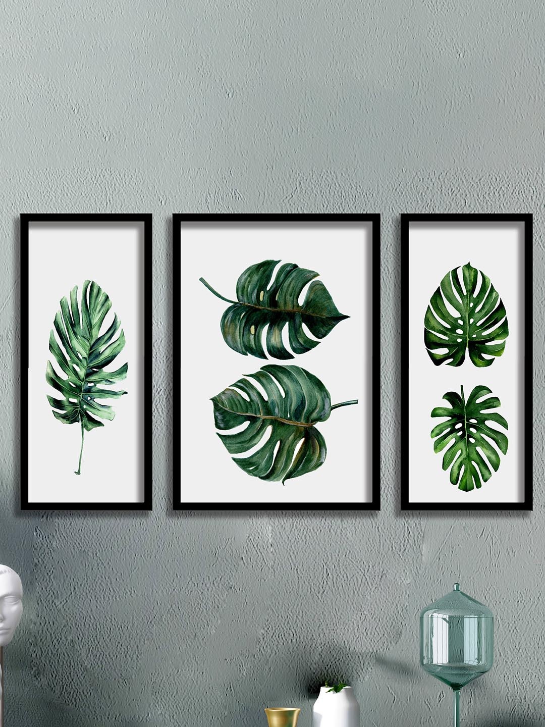 

SAF 3 Pieces Green & White Tropical Leaves Painting Framed Wall Art