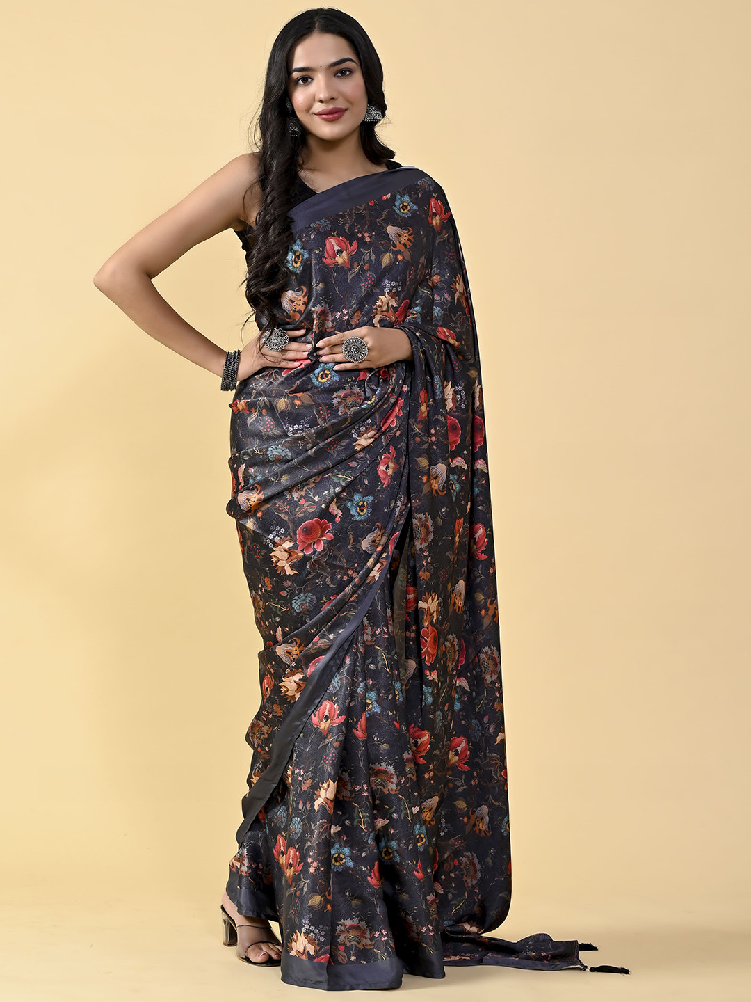 elora Floral Printed Satin Saree, Black
elora Floral Printed Satin Saree, Black