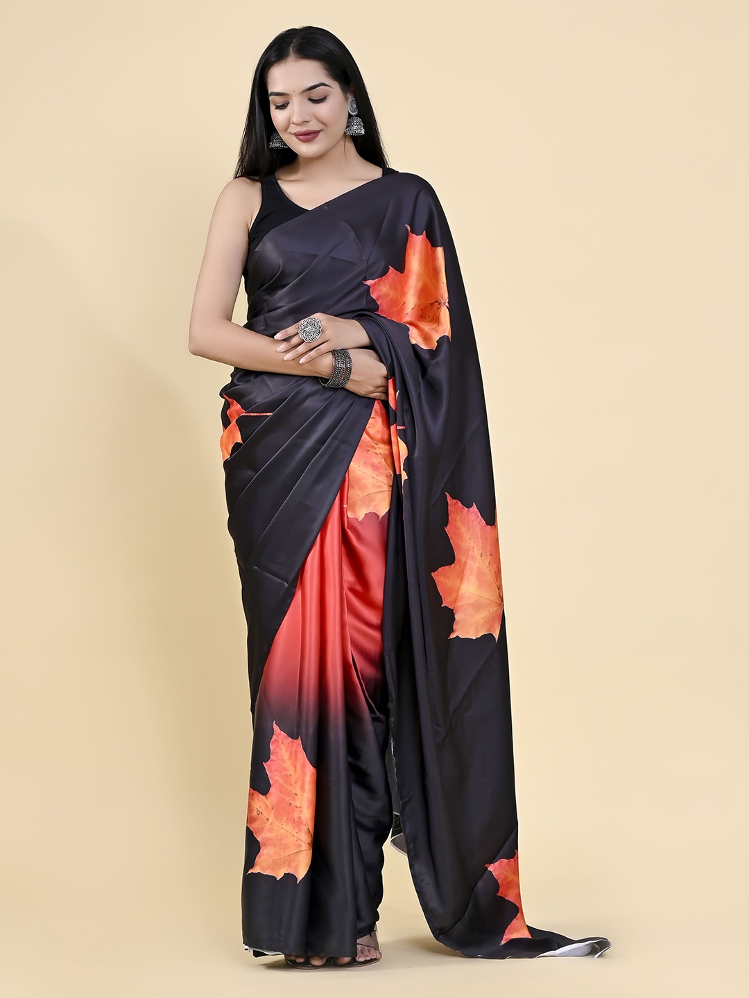 elora Floral Printed Satin Saree, Black