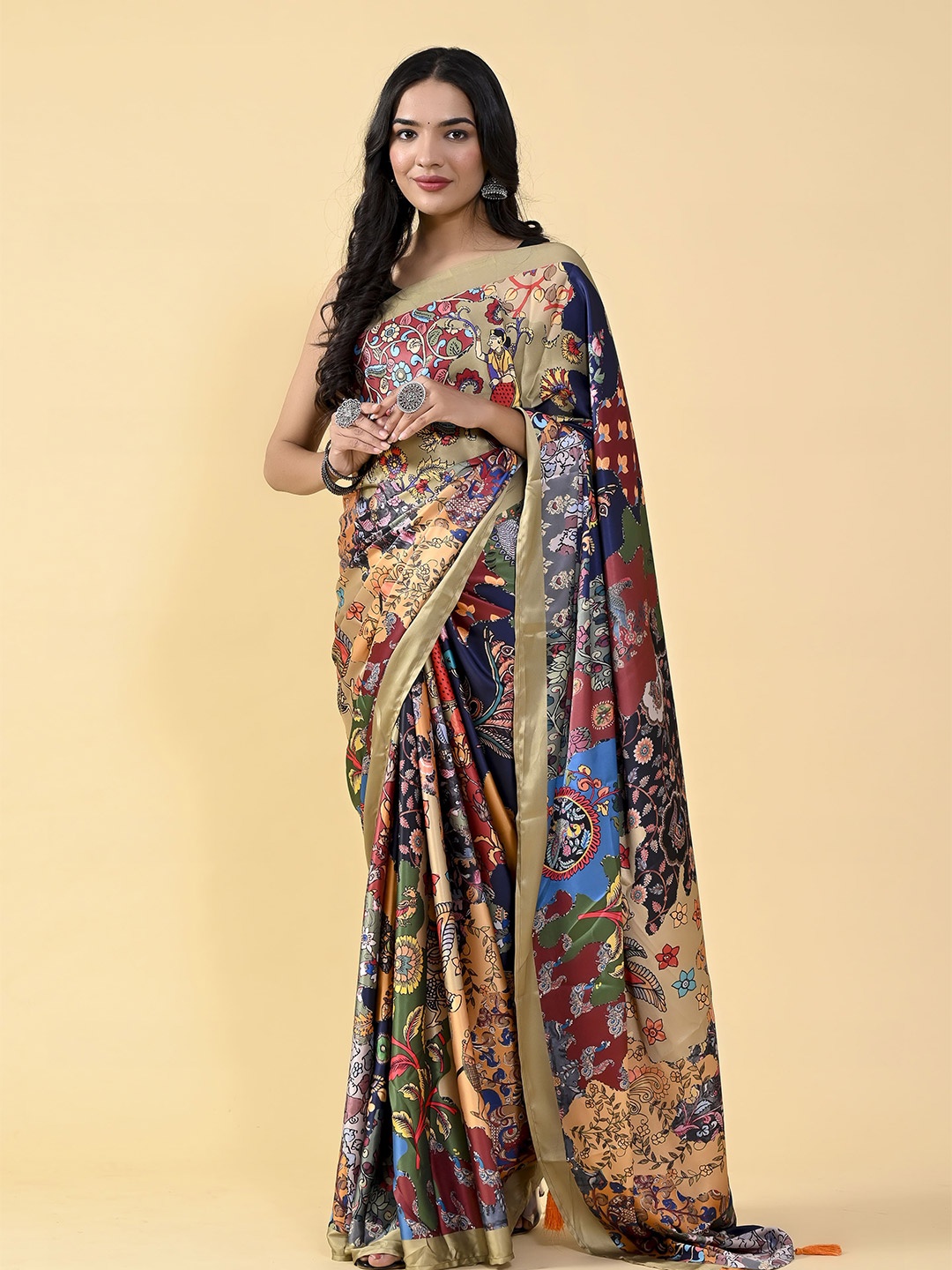 elora Floral Printed Satin Saree, Beige