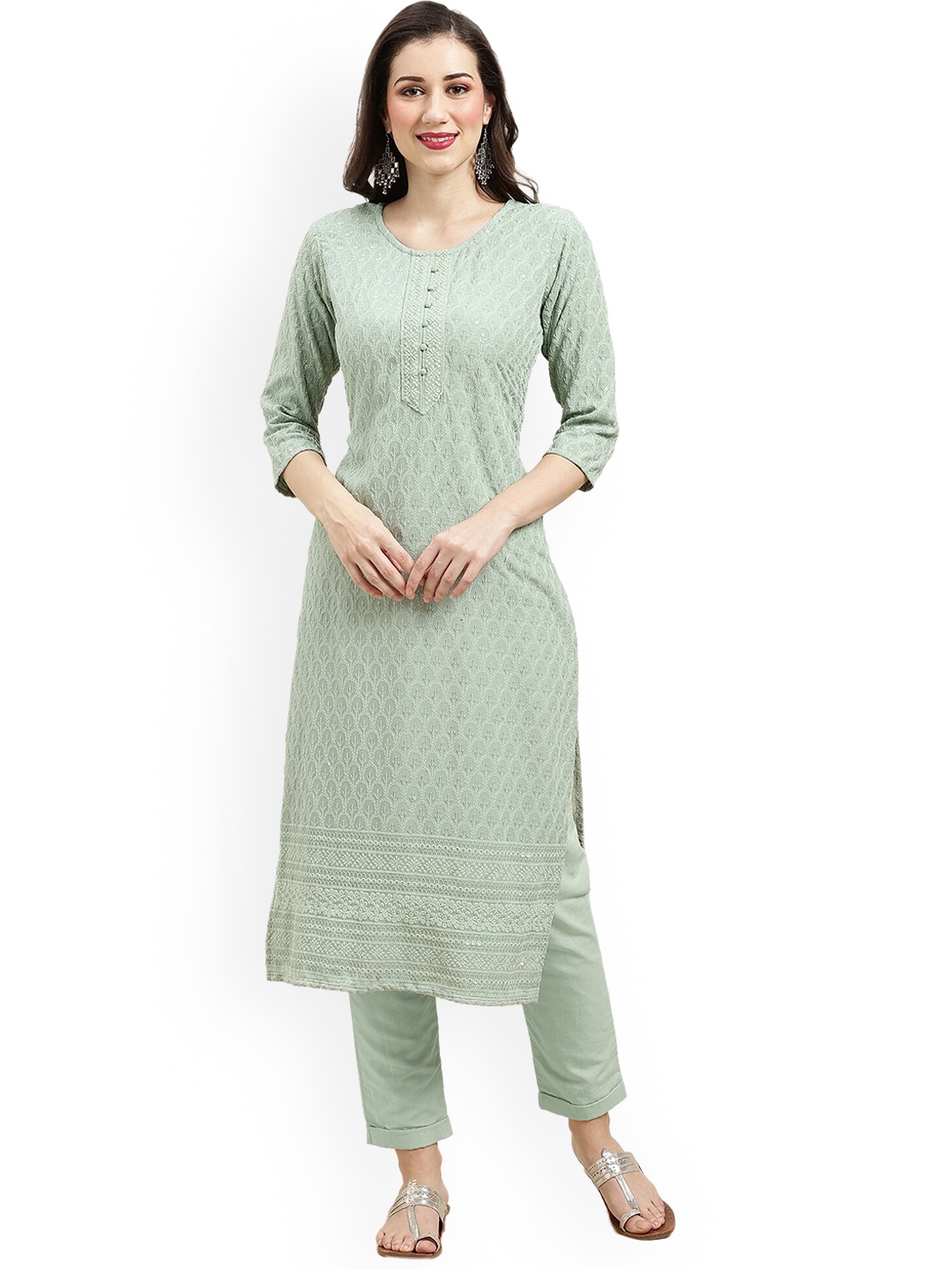 Nimayaa Floral Embroidered Chikankari Straight Kurta, Sea green