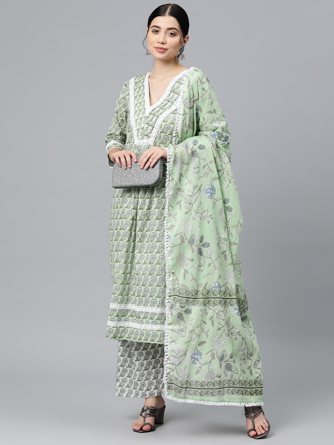 BUTA BUTI Printed Unstitched Dress Material, Green