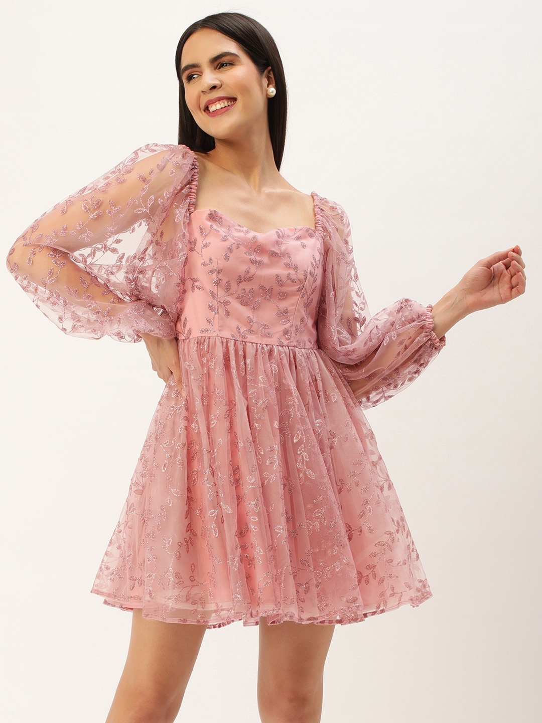 Ethnovog Floral Foil Printed Puff Sleeves Sweetheart Neck Net A-Line Mini Dress, Pink
Ethnovog Floral Foil Printed Puff Sleeves Sweetheart Neck Net A-Line Mini Dress, Pink