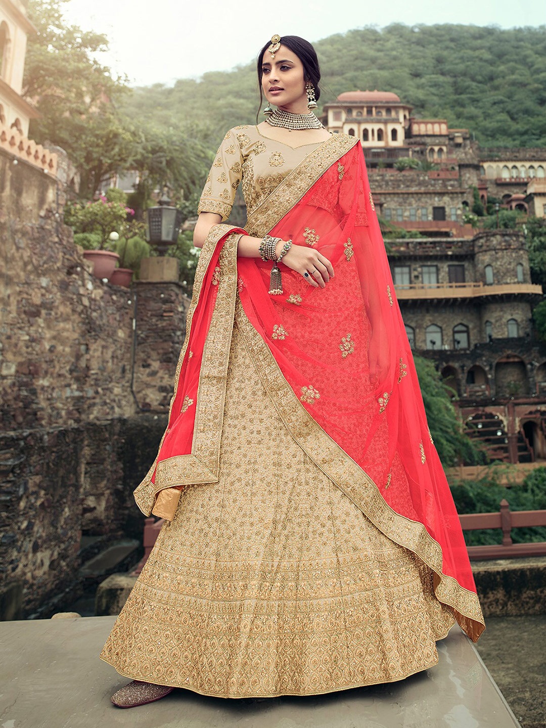 ODETTE Embroidered Beads and Stones Semi-Stitched Lehenga & Unstitched Blouse With Dupatta, Beige
ODETTE Embroidered Beads and Stones Semi-Stitched Lehenga & Unstitched Blouse With Dupatta, Beige
