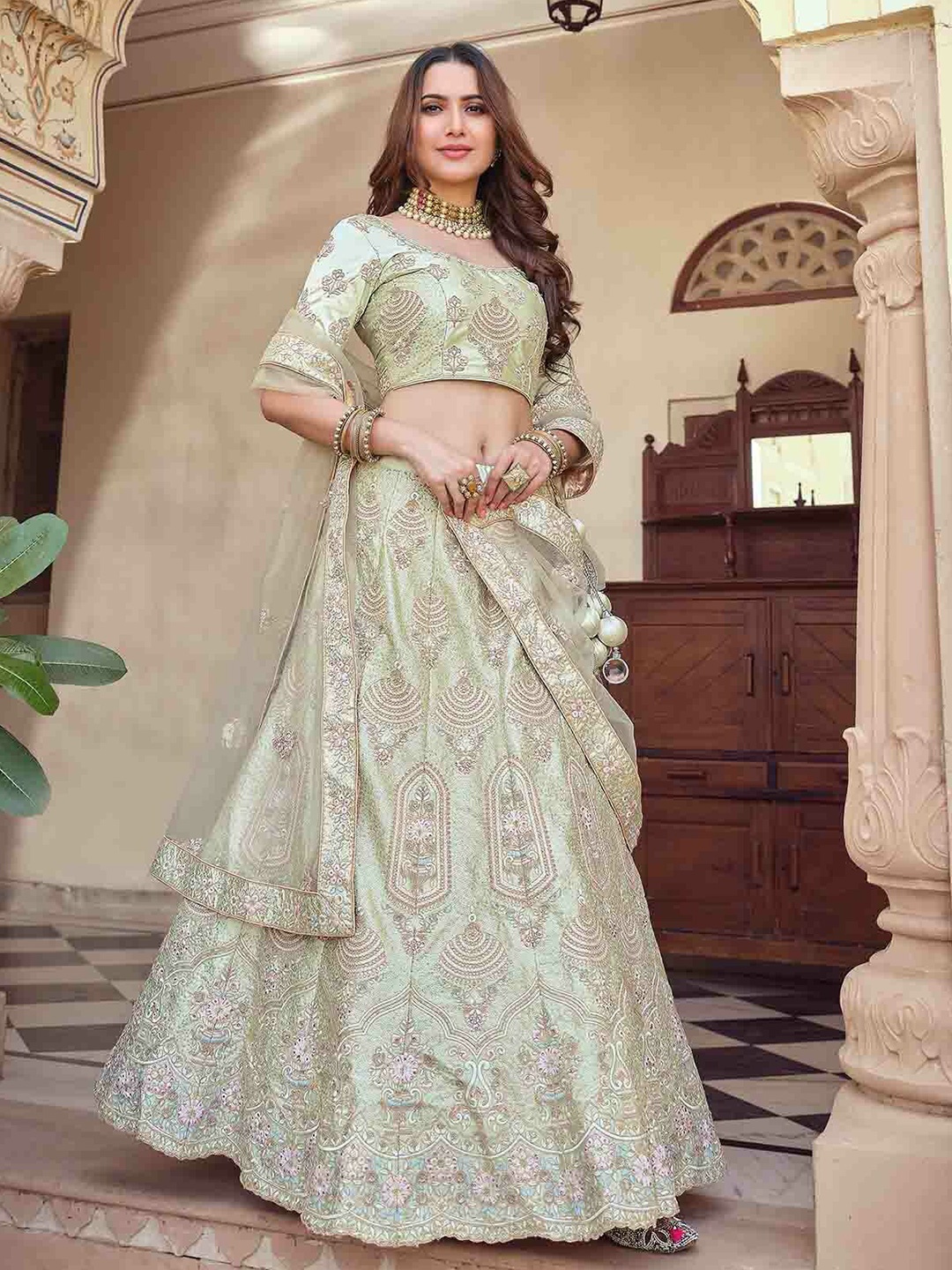 ODETTE Embroidered Beads and Stones Semi-Stitched Lehenga & Unstitched Blouse With Dupatta, Green
ODETTE Embroidered Beads and Stones Semi-Stitched Lehenga & Unstitched Blouse With Dupatta, Green