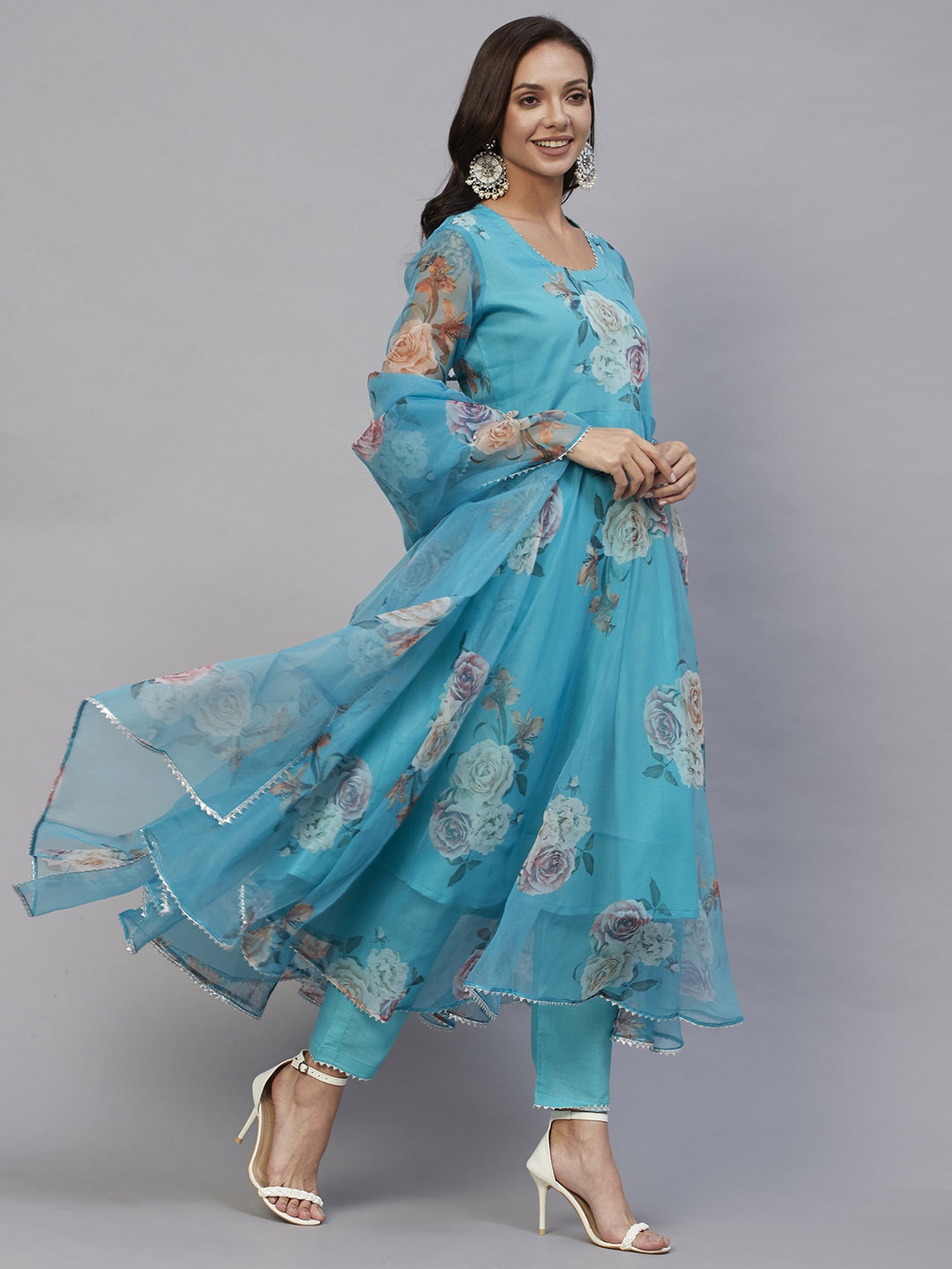 KALINI Floral Printed Gotta Patti Anarkali Organza Kurta with Trousers & Dupatta, Blue
KALINI Floral Printed Gotta Patti Anarkali Organza Kurta with Trousers & Dupatta, Blue
