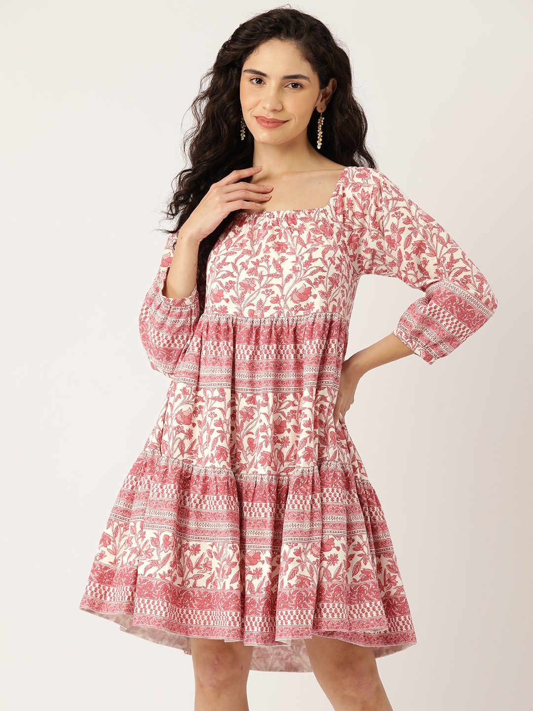 Jaipur Morni Floral Print Square Neck Puff Sleeves Tiered Pure Cotton A-Line Dress, Pink
Jaipur Morni Floral Print Square Neck Puff Sleeves Tiered Pure Cotton A-Line Dress, Pink