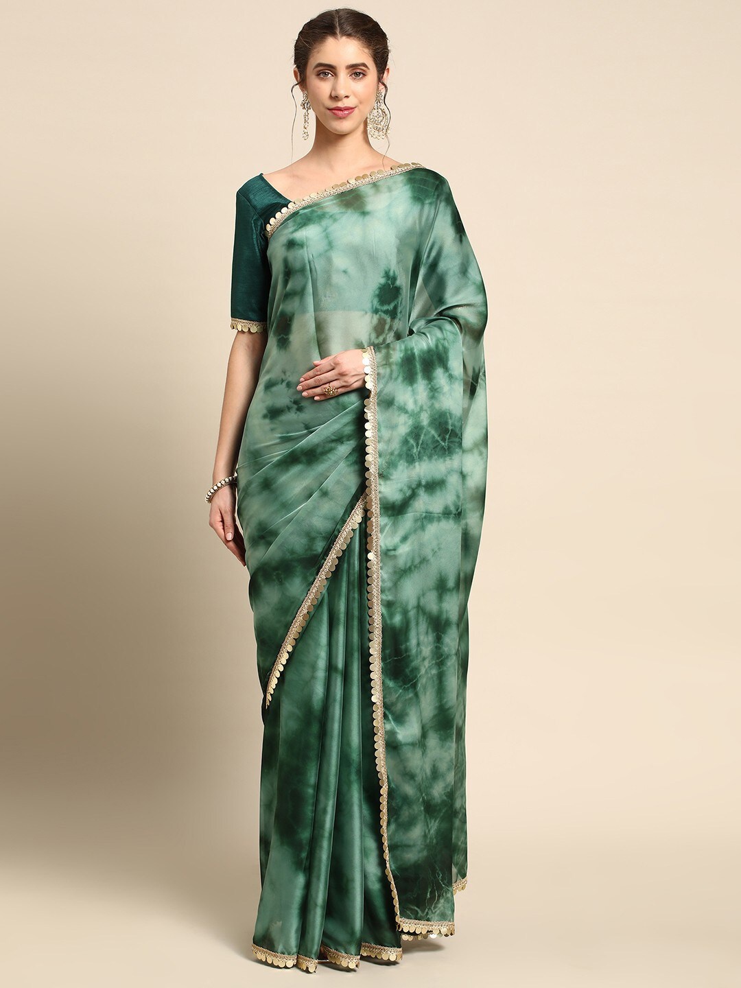 Mitera Green & Gold-Toned Abstract Dyed Gotta Patti Satin Saree