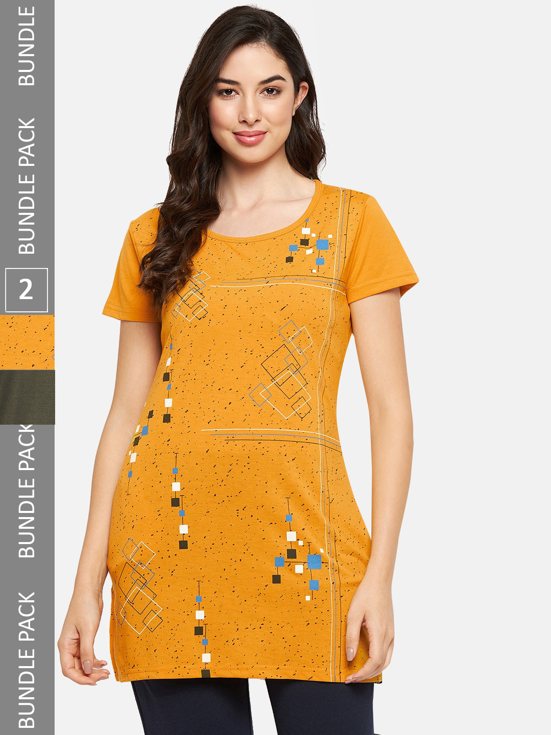 VERO AMORE Pack Of 2 Printed Longline Lounge T-Shirts, Mustard 
VERO AMORE Pack Of 2 Printed Longline Lounge T-Shirts, Mustard