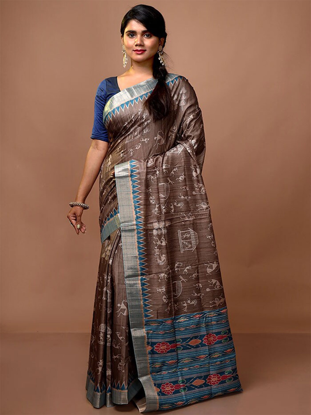 AllSilks Warli Printed Zari Art Silk Saree, Brown