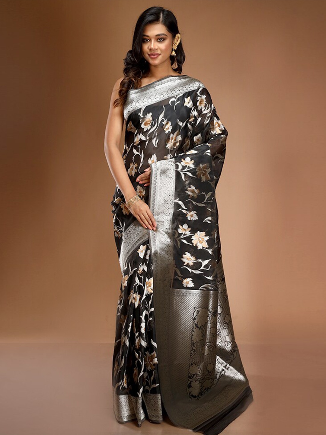 AllSilks Floral Woven Design Zari Saree, Black