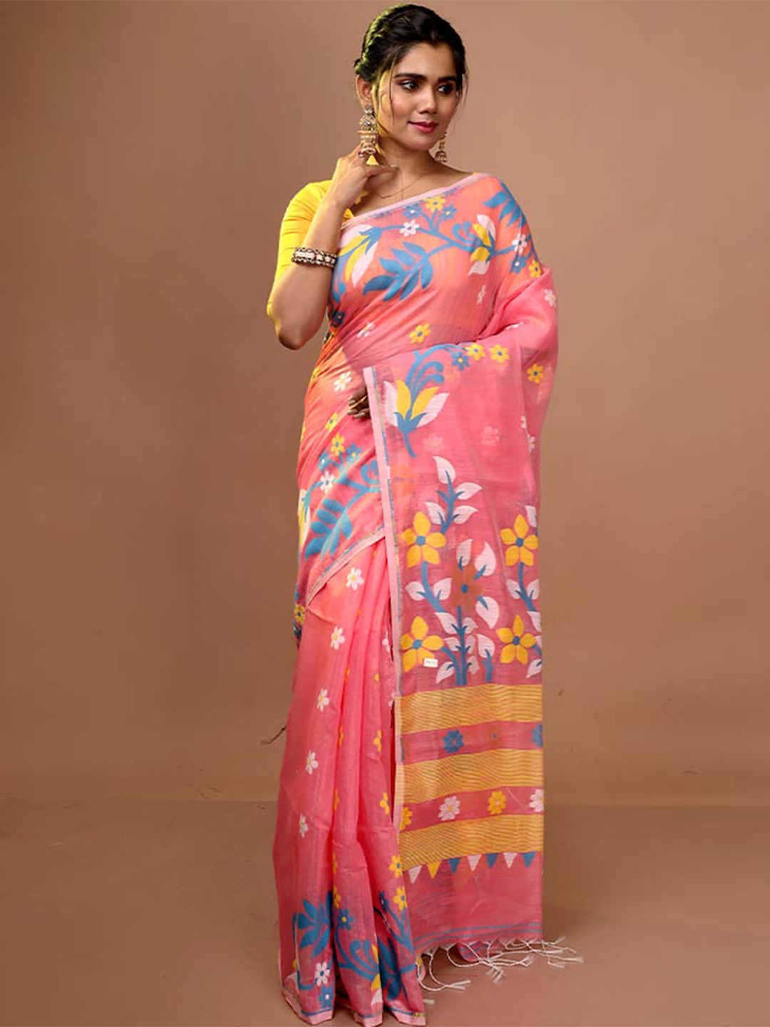 AllSilks Floral Woven Design Saree, Pink