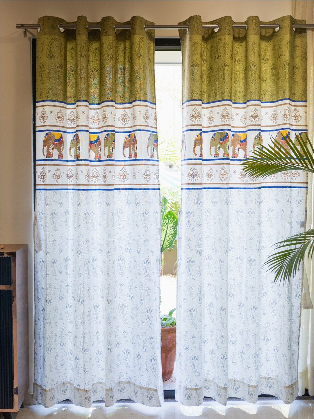 URBAN SPACE White & Olive Green 2 Pieces Ethnic Motifs Door Curtains 
URBAN SPACE White & Olive Green 2 Pieces Ethnic Motifs Door Curtains