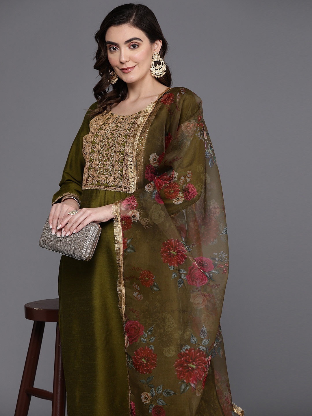 Indo Era Floral Embroidered Sequinned Chanderi Silk Kurta with Trousers & Dupatta, Olive
Indo Era Floral Embroidered Sequinned Chanderi Silk Kurta with Trousers & Dupatta, Olive