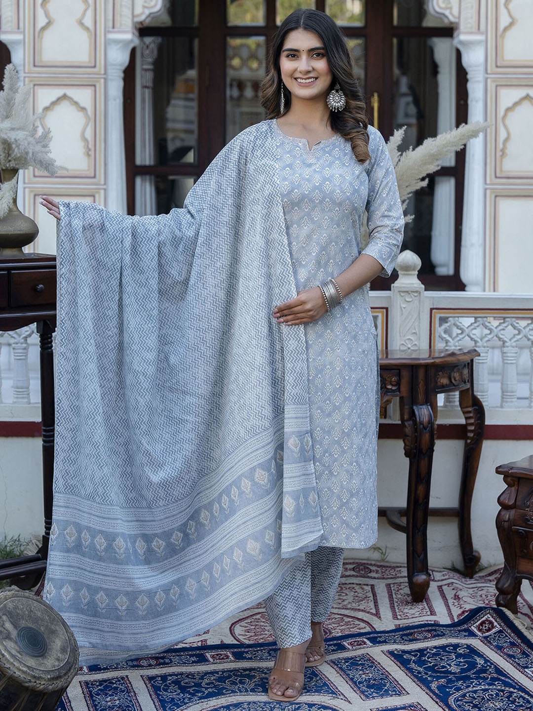 Nayo Ethnic Motifs Printed Thread Work Pure Cotton Kurta With Palazzos & Dupatta, Grey
Nayo Ethnic Motifs Printed Thread Work Pure Cotton Kurta With Palazzos & Dupatta, Grey