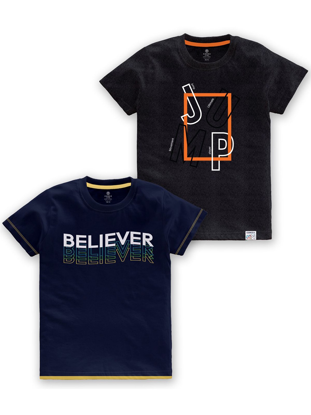 CODEZ Boys Pack of 2 Typography Printed Cotton T-shirts, Navy blue