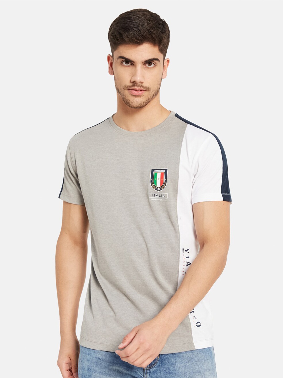 Octave Colourblocked Cotton T-shirt, Grey