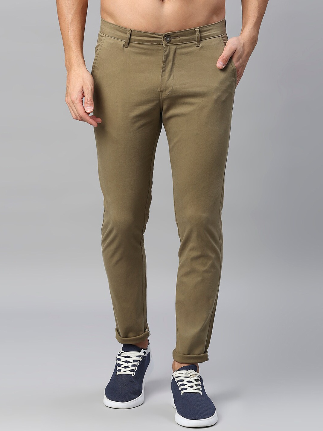 Harvard Men Mid-Rise Cotton Chinos Trousers, Olive