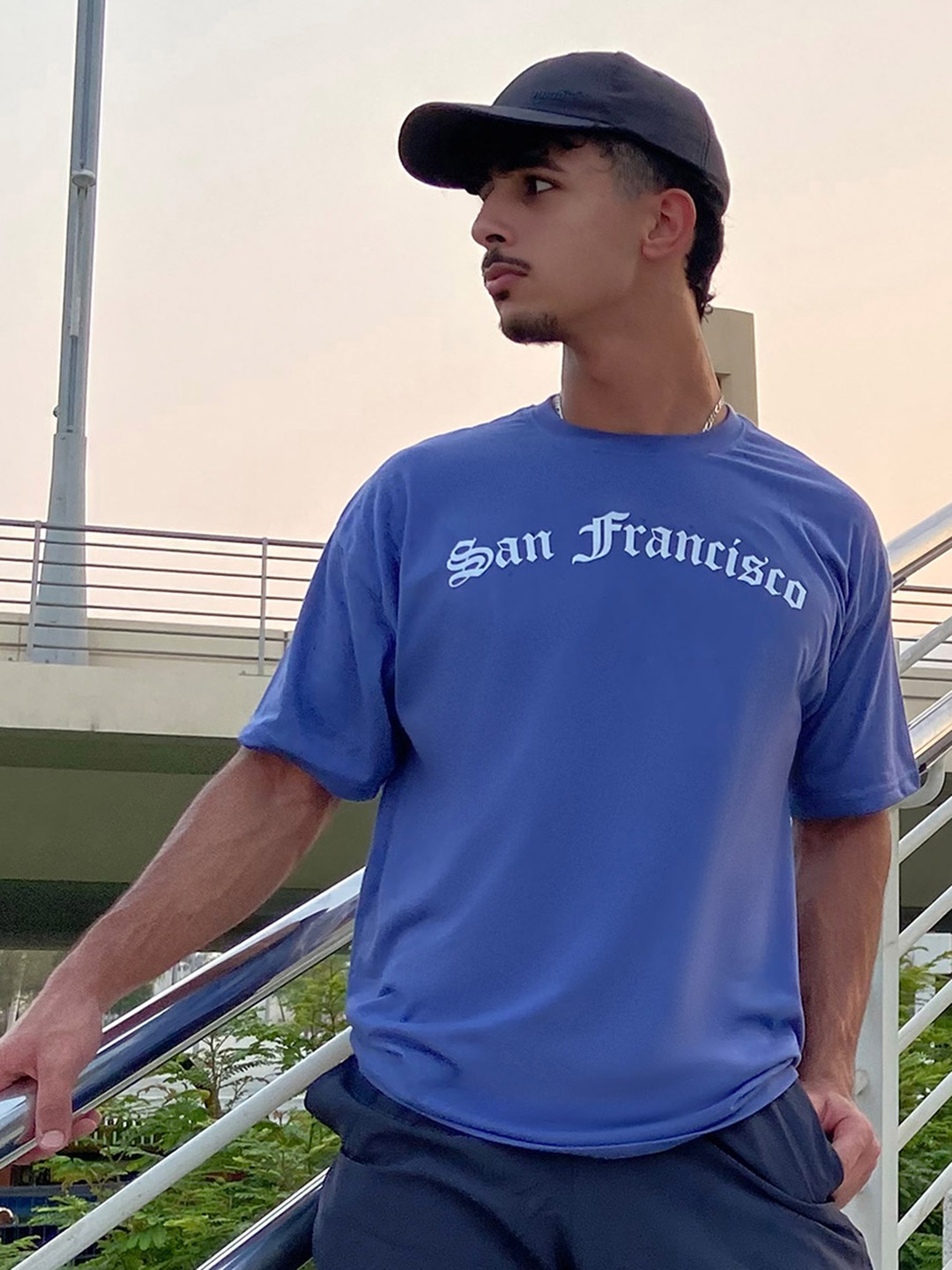 Styli Men Blue Typography Printed Oversized T-shirt