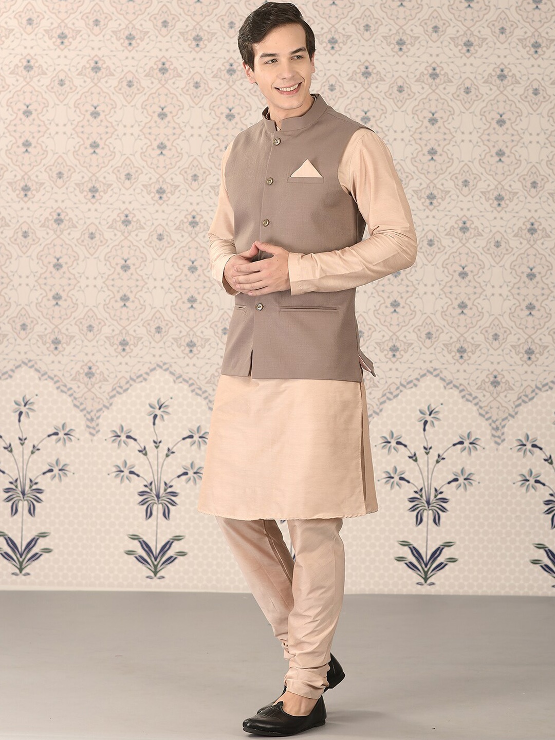 Ode by House of Pataudi Silver & Grey Mandarin Collar Kurta With Churidar & Nehru Jacket, Beige
Ode by House of Pataudi Silver & Grey Mandarin Collar Kurta With Churidar & Nehru Jacket, Beige