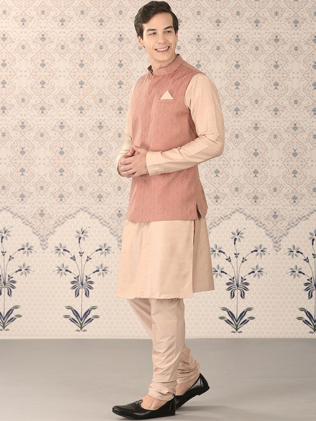 Ode by House of Pataudi Peach-Color Mandarin Collar Kurta with Churidar & Nehru Jacket, Beige
Ode by House of Pataudi Peach-Color Mandarin Collar Kurta with Churidar & Nehru Jacket, Beige