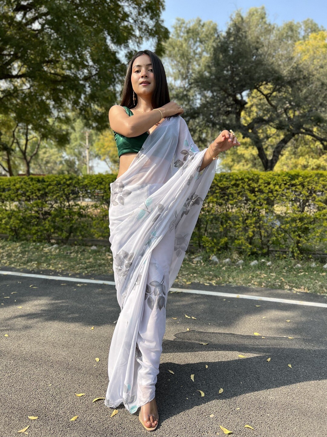 Atulyam Tex World Floral Print Pure Chiffon Saree, Grey