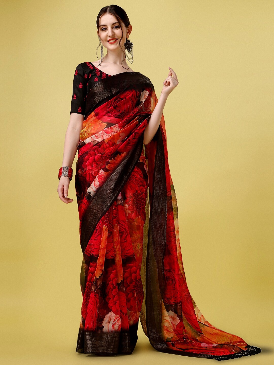 SUTRAM Floral Zari Organza Saree With Blouse Piece, Red