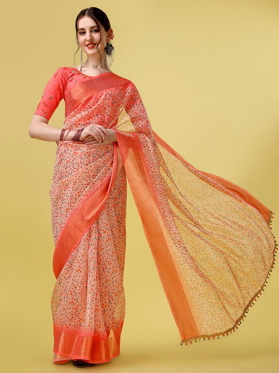SUTRAM Floral Zari Organza Saree With Blouse Piece, Peach
