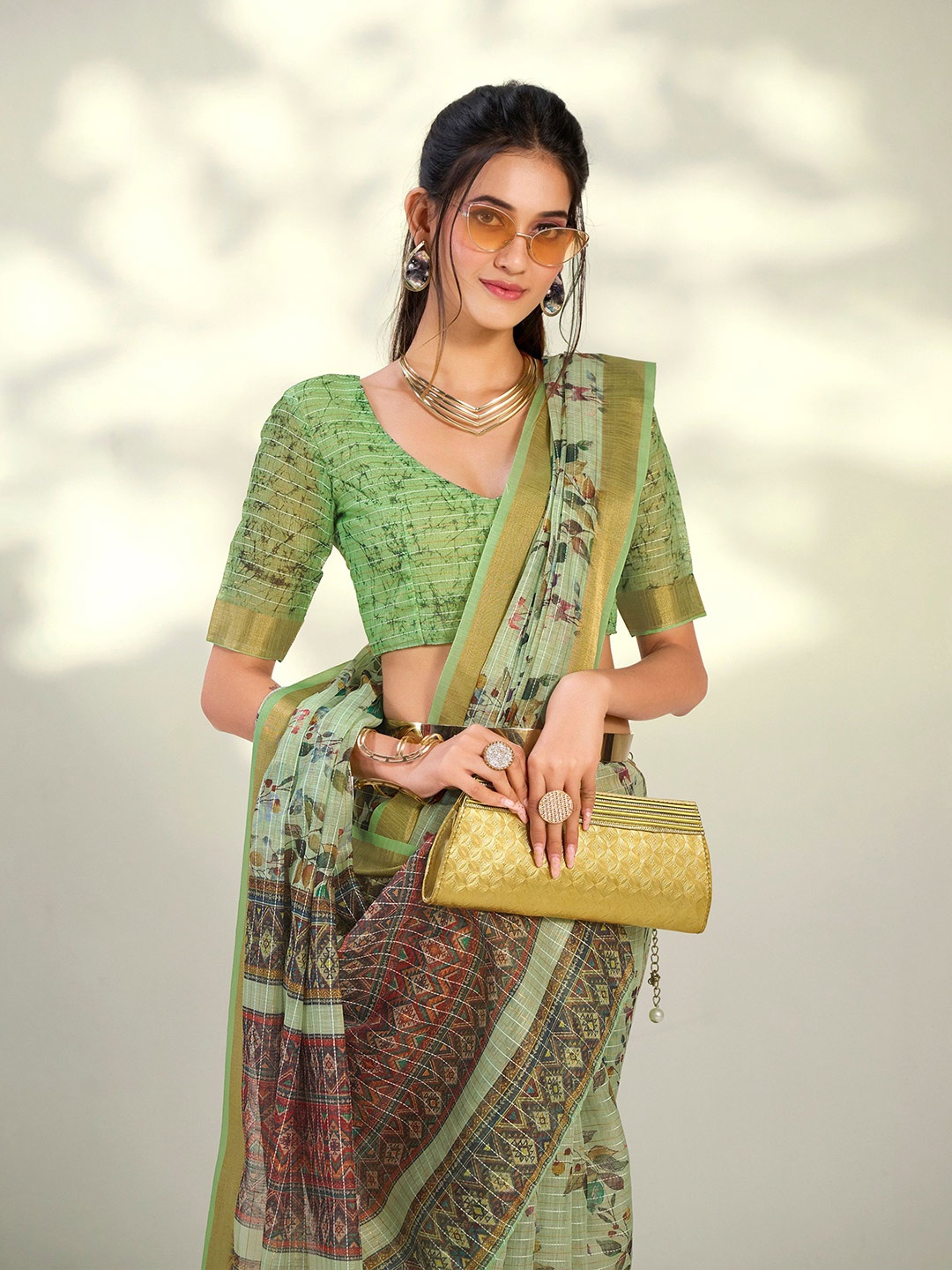 Sangria Olive Green & Gold-Toned Floral Printed Zari Saree