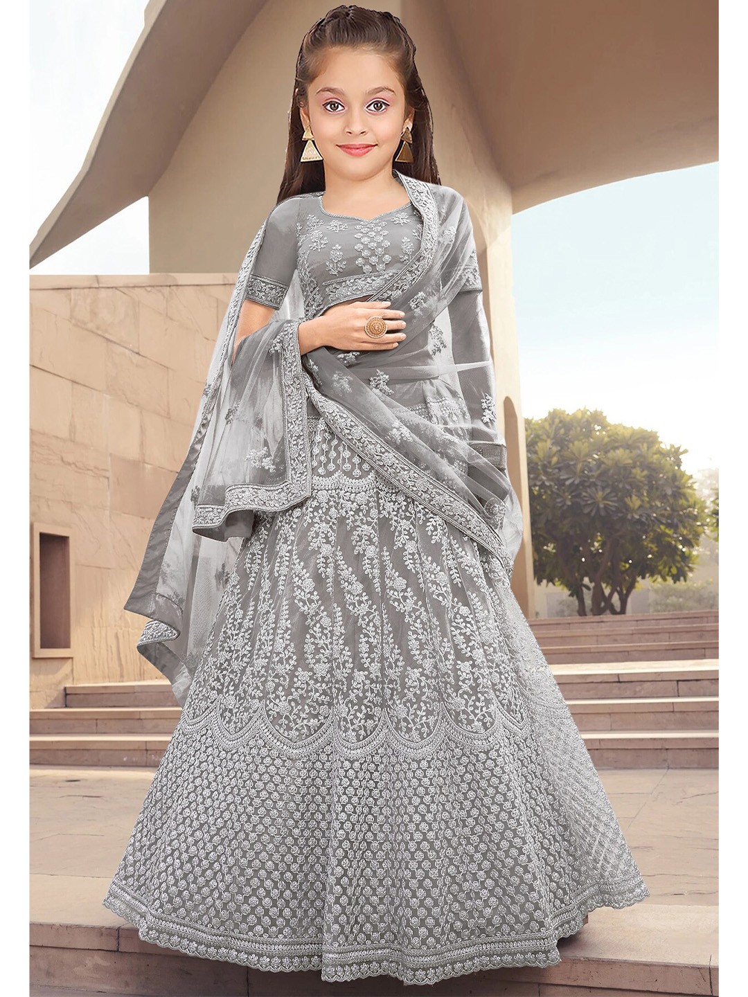 BAESD Girls Embroidered Thread Work Semi-Stitched Lehenga & Unstitched Blouse With Dupatta, Grey
BAESD Girls Embroidered Thread Work Semi-Stitched Lehenga & Unstitched Blouse With Dupatta, Grey