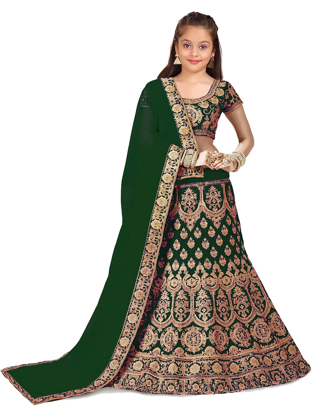 BAESD Girls Green & Gold-Toned Embroidered Thread Work Semi-Stitched Lehenga & Unstitched Blouse With Dupatta
BAESD Girls Green & Gold-Toned Embroidered Thread Work Semi-Stitched Lehenga & Unstitched Blouse With Dupatta