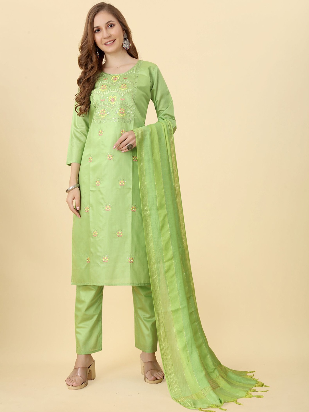 KALINI Ethnic Motifs Embroidered Sequined Chanderi Silk Kurta with Trousers & Dupatta, Lime green
KALINI Ethnic Motifs Embroidered Sequined Chanderi Silk Kurta with Trousers & Dupatta, Lime green