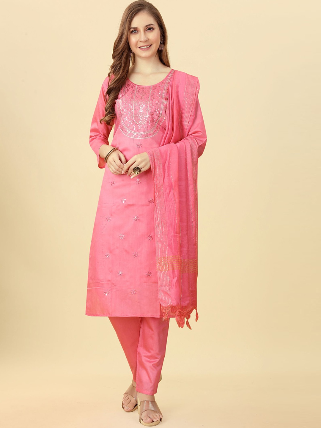 KALINI Ethnic Motifs Embroidered Sequined Chanderi Silk Kurta with Trousers & Dupatta, Pink
KALINI Ethnic Motifs Embroidered Sequined Chanderi Silk Kurta with Trousers & Dupatta, Pink