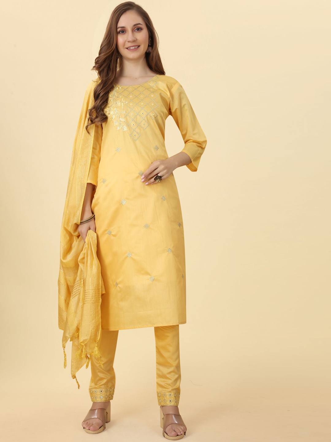 KALINI Floral Embroidered Mirror Work Chanderi Silk Kurta with Trousers & Dupatta, Yellow
KALINI Floral Embroidered Mirror Work Chanderi Silk Kurta with Trousers & Dupatta, Yellow