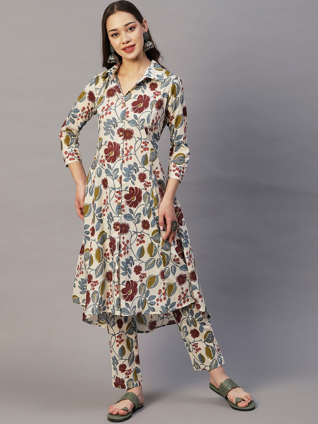 FASHOR Cream-Coloured & Maroon Printed Shirt Collar A-Line Pure Cotton Kurta with Trousers
FASHOR Cream-Coloured & Maroon Printed Shirt Collar A-Line Pure Cotton Kurta with Trousers