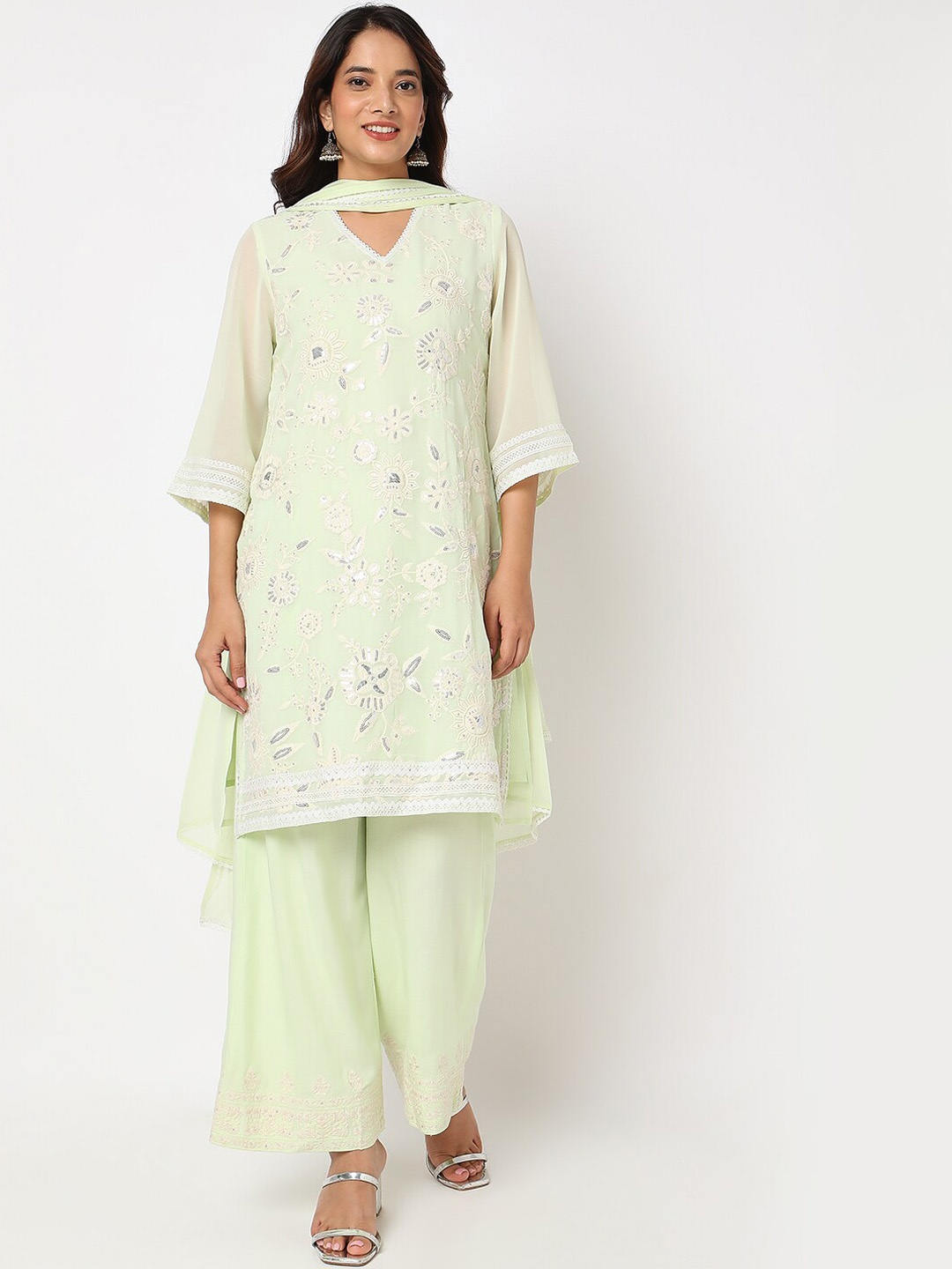 Ethnicity Floral Embroidered V Neck Sequinned Kurta With Palazzos & Dupatta, Sea green
Ethnicity Floral Embroidered V Neck Sequinned Kurta With Palazzos & Dupatta, Sea green