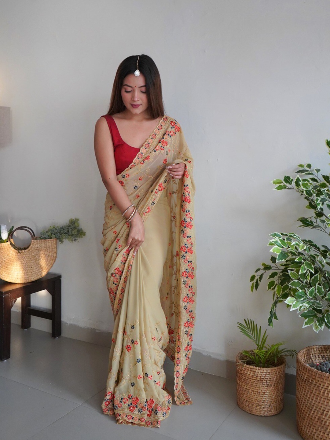 Atulyam Tex World Floral Embroidered Pure Georgette Saree, Beige