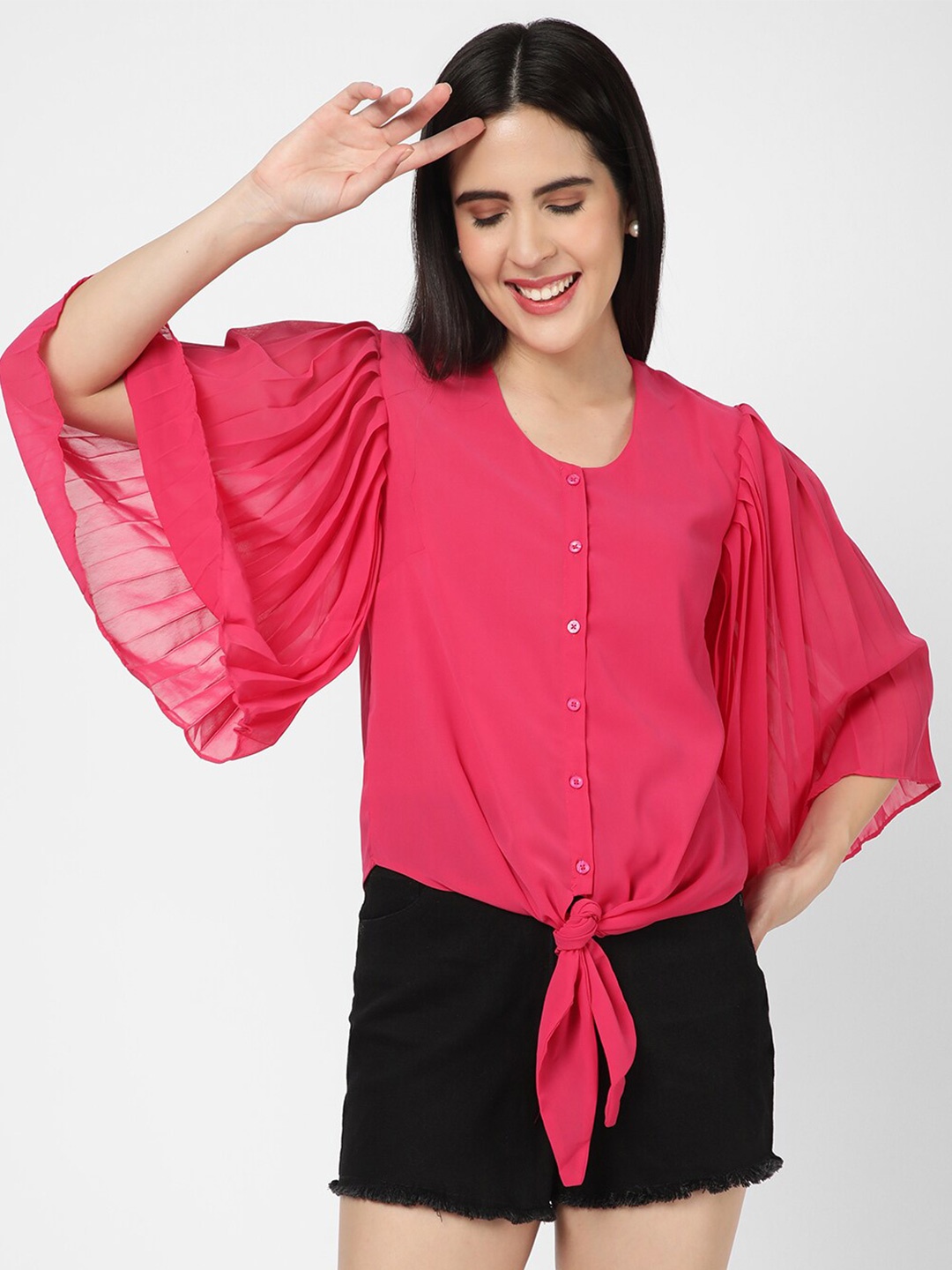 R&B Flared Sleeves Waist Tie Ups Blouson Top, Pink