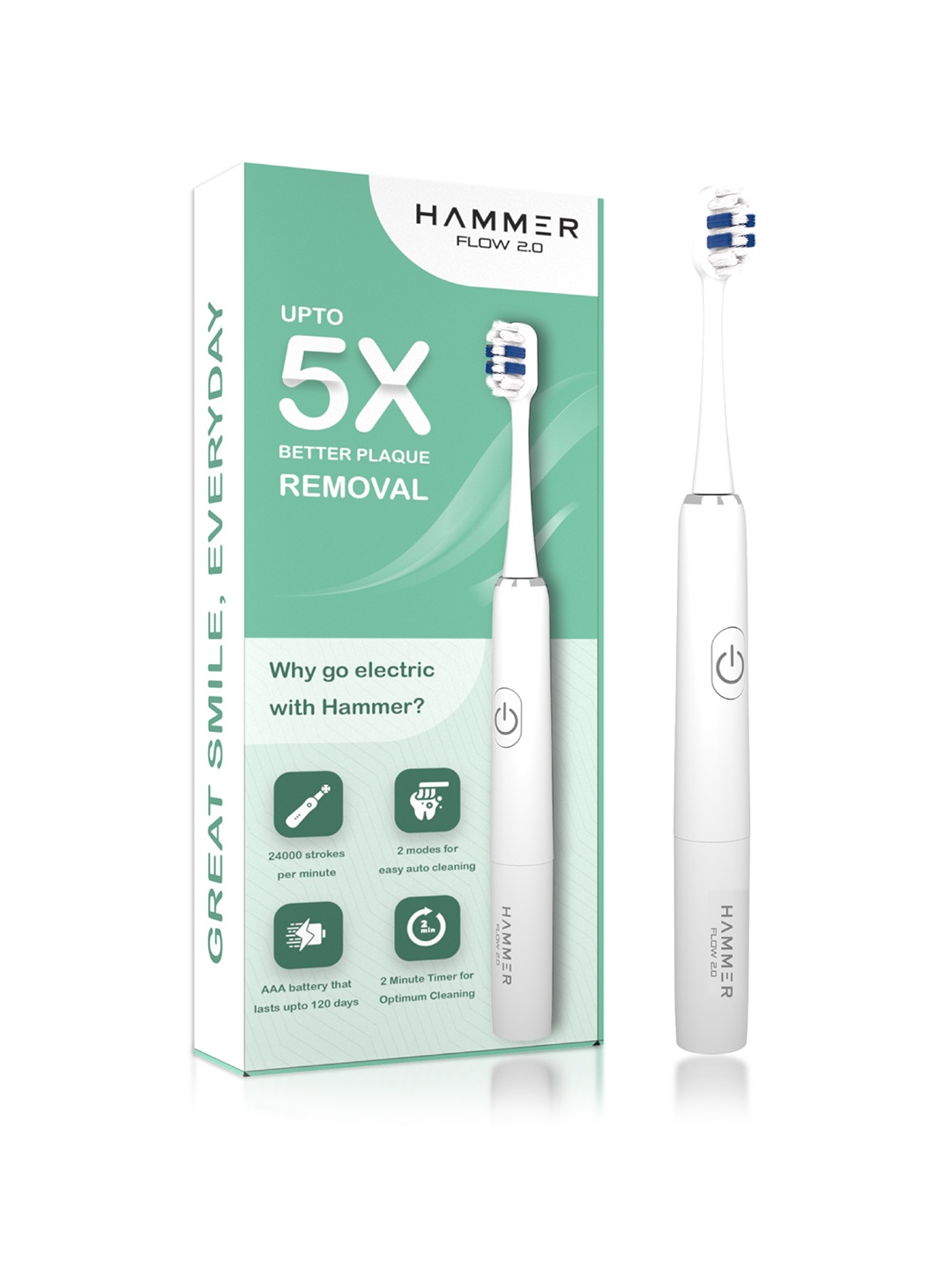 HAMMER Flow 2.0 Super-Soft Bristles Electric Toothbrush & 2 Replaceable Brush Heads- White
HAMMER Flow 2.0 Super-Soft Bristles Electric Toothbrush & 2 Replaceable Brush Heads- White