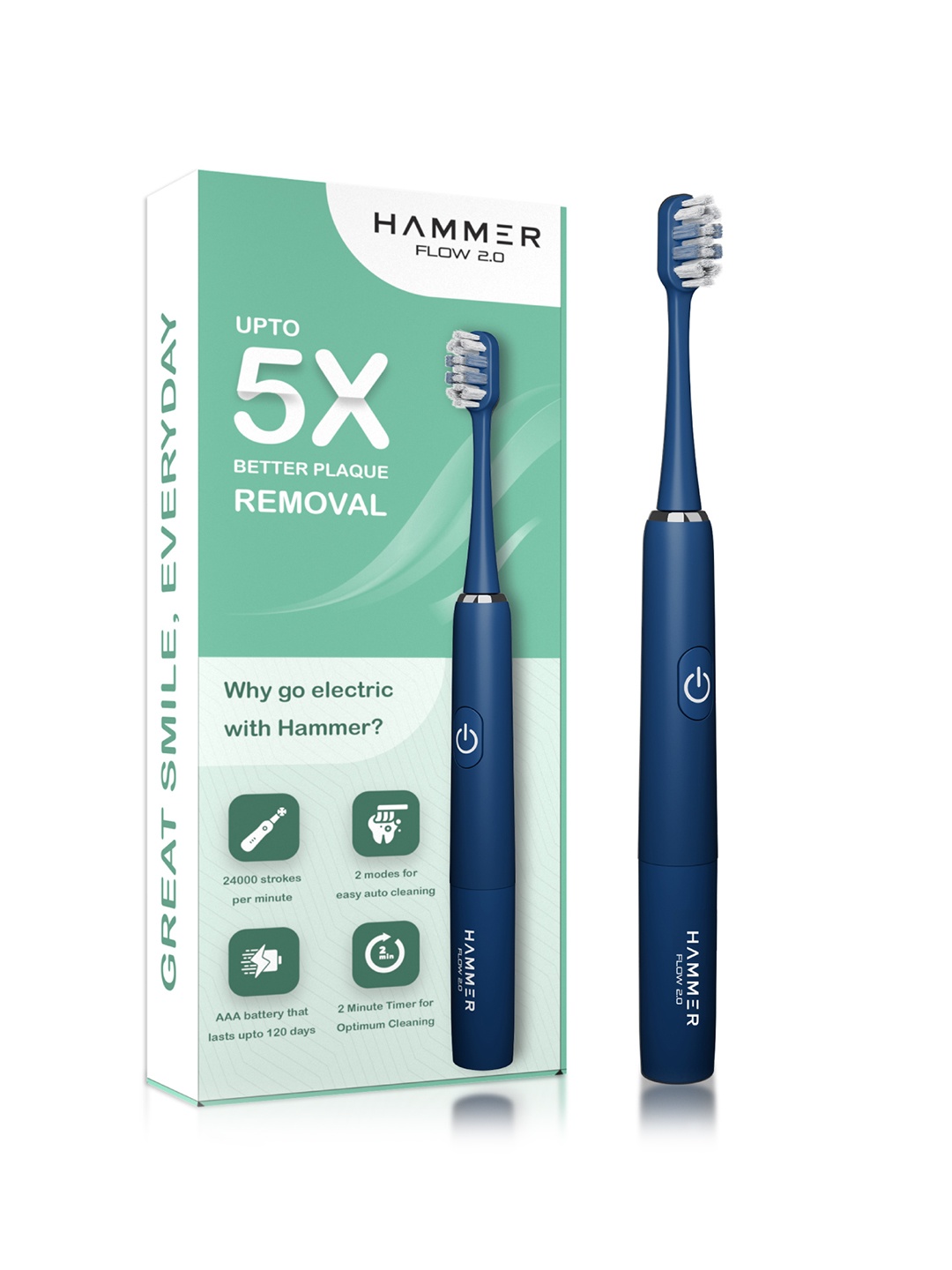 HAMMER Flow 2.0 Super-Soft Bristles Electric Toothbrush & 2 Replaceable Brush Heads- Blue
HAMMER Flow 2.0 Super-Soft Bristles Electric Toothbrush & 2 Replaceable Brush Heads- Blue