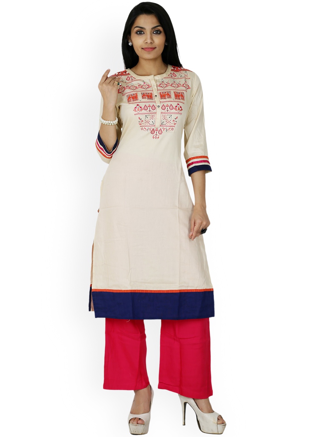Span Ethnic Motifs Yoke Design Thread work Cotton Kurta, Beige