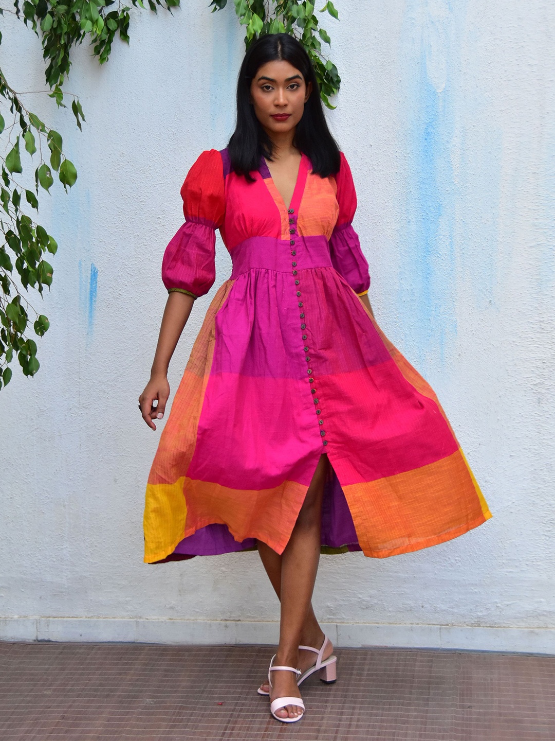 Chidiyaa Colourblocked Puff Sleeves Cotton Fit & Flare Dress, Pink