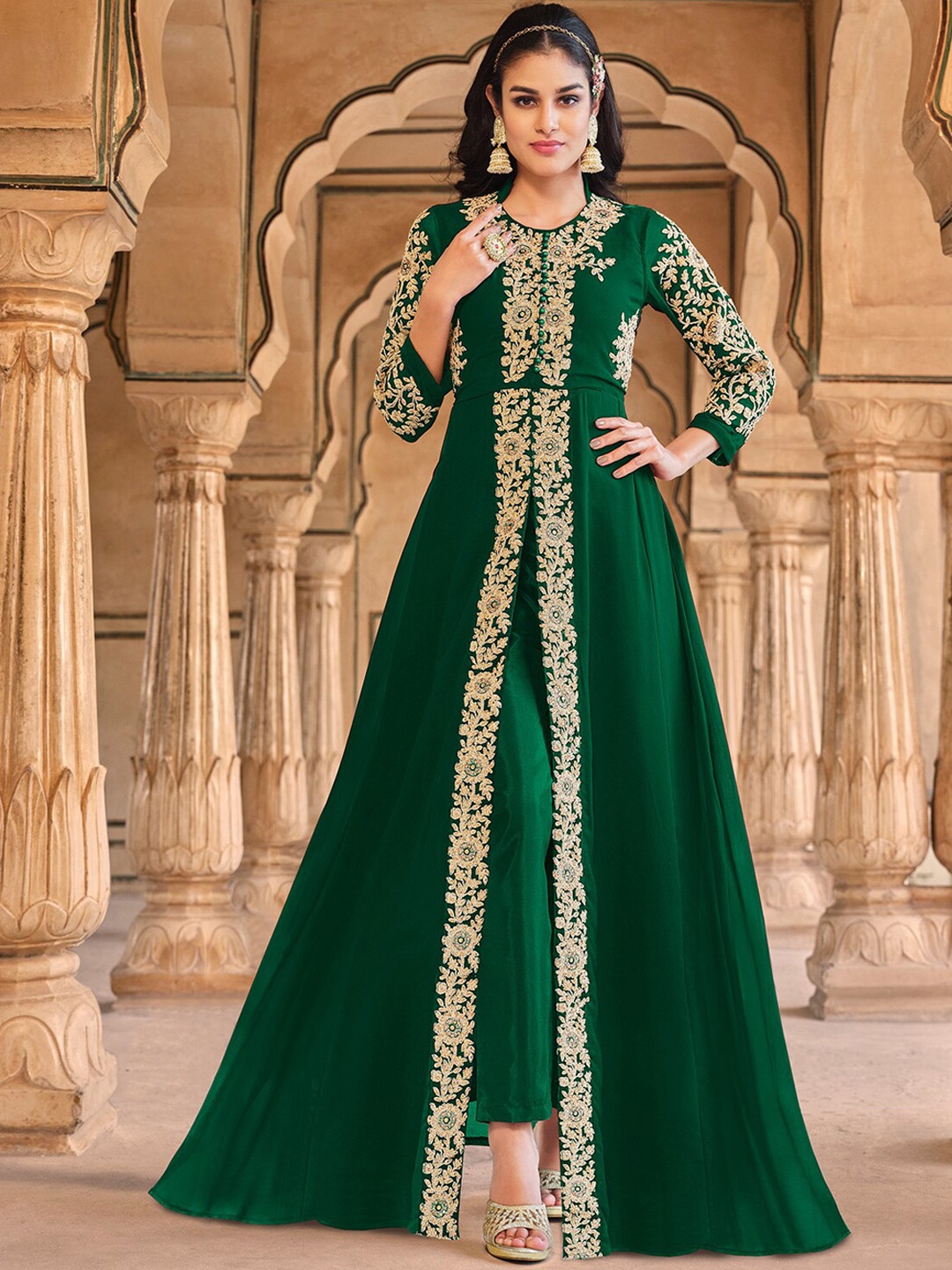 ODETTE Women Embroidered Gotta Patti Semi-Stitched A-Line Kurta With Trousers & Dupatta, Green
ODETTE Women Embroidered Gotta Patti Semi-Stitched A-Line Kurta With Trousers & Dupatta, Green