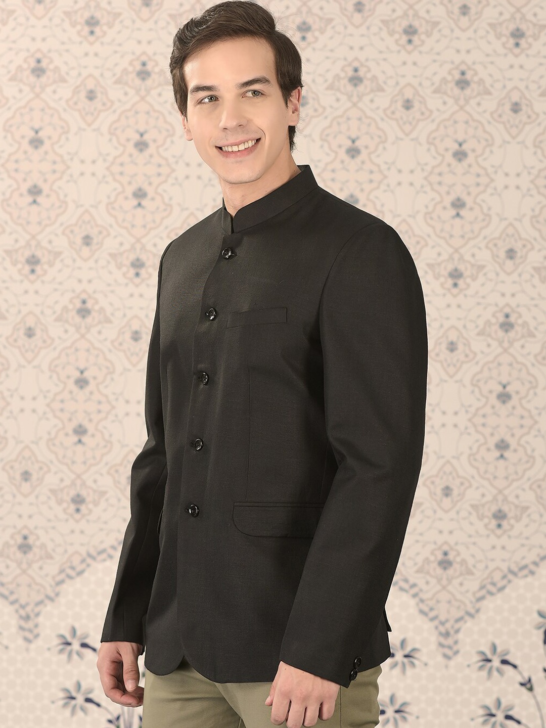 Ode by House of Pataudi Black Mandarin Collar Slim-Fit Bandhgala Blazer
