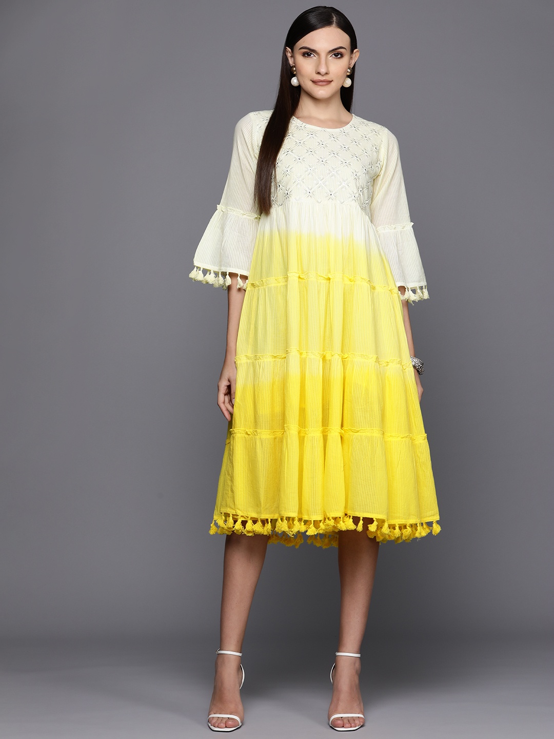 Indo Era Floral Embroidered Mirror Work Detail Ombre Effect Tiered Midi Empire Dress, White
Indo Era Floral Embroidered Mirror Work Detail Ombre Effect Tiered Midi Empire Dress, White